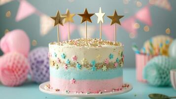 ai genererad en fantastisk födelsedag kaka Utsmyckad med pastell regnbåge färger, festlig flaggväv, och gyllene stjärna kaka toppers foto