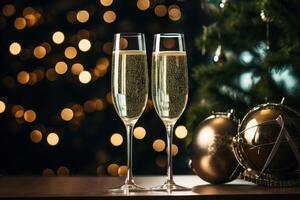 ai genererad två glasögon av champagne är Sammanträde i främre av en jul träd foto