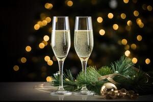 ai genererad två glasögon av champagne är Sammanträde i främre av en jul träd foto