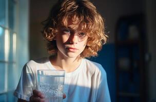 ai genererad en pojke ser på en glas av värma vatten foto