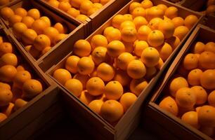 ai genererad en knippa av apelsiner trångt i trä- lådor foto