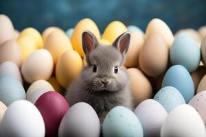 ai genererad bebis grå kanin sitter mellan flera olika färgad ägg foto