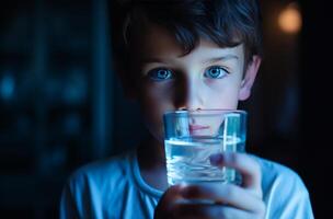 ai genererad en pojke ser på en glas av värma vatten foto