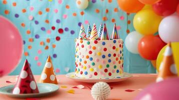ai genererad vibrerande födelsedag firande bakgrund terar en födelsedag kaka och fest hattar foto