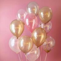 ai genererad ram av guld och transparent uppblåsbar ballonger med glitter på en minimalistisk rosa bakgrund foto