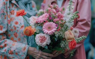 ai genererad en kvinna är innehav en bukett av blommor Nästa till ett äldre kvinna foto