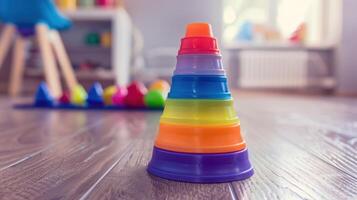 ai genererad en barns flerfärgad plast leksak pyramid står på en trä- golv foto