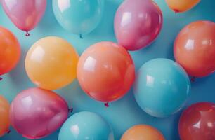 ai genererad färgrik ballonger på en blå bakgrund fest foto