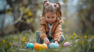 ai genererad en ung flicka samlar färgrik ägg i de parkera, förkroppsligande de påsk jaga begrepp foto