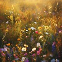 ai genererad en äng prickad med vibrerande vildblommor, badade i gyllene solljus, inviterar lugn och glädje foto