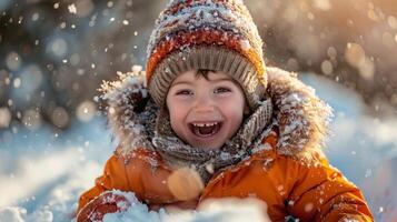 ai genererad en Lycklig barn rider en kälke ner en snöig kulle och utseende på de kamera foto