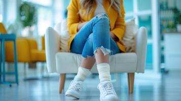 ai genererad en ung kvinna sitter på en vit soffa i en läkares kontor med en förbundit ben. suddig bakgrund av medicinsk klinik foto
