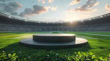 ai genererad i de mitten av en stadion sitter en podium, omringad förbi tömma säten och blinkar av ljus foto