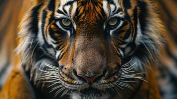 ai genererad intensiv närbild av en vild tigers genomträngande blick, utsöndrar kraft och nåd foto