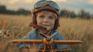 ai genererad en liten söt pojke i en pilot hjälm spelar med trä- flygplan foto