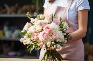 ai genererad blomsterhandlare innehav en bukett av vit och rosa blommor foto