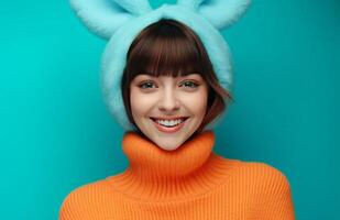ai genererad leende flicka med ett orange Tröja och kanin öron foto