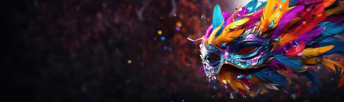 ai genererad karneval mask i färgrik fjädrar på färgrik bakgrund med vit text foto