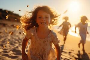 ai genererad Lycklig barn springa längs de strand i de spray av hav vågor. genererad förbi artificiell intelligens foto