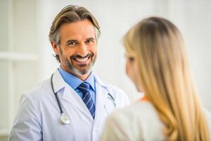 ai genererad leende läkare på de klinik ger och handslag till hans patient, sjukvård foto