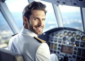 ai genererad självsäker manlig pilot leende medan Sammanträde i cockpit foto