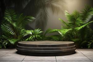 ai genererad runda sten plattform podium med grön tropisk löv, mall för fotomontage eller produkt presentation foto