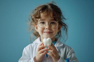 ai genererad liten caucasian söt vågig håriga flicka i en läkare täcka och glasögon med en stor plast tand på en blå bakgrund foto