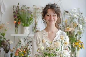 ai genererad leende ung caucasian kvinna blomsterhandlare med en bukett i en ljus interiör av blomma affär foto