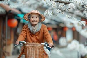 ai genererad äldre asiatisk kvinna ridning en cykel med korg på en vår gata med körsbär blomma träd foto