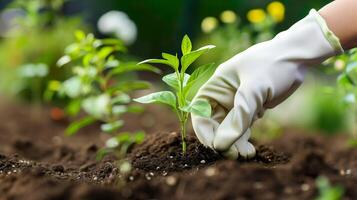 ai genererad närbild av händer i vit handskar plantering eller omtänksam för ung grön växter. trädgårdsarbete tips, växt vård, miljö- bevarande bakgrund. foto