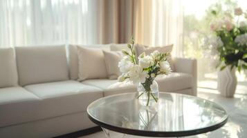 ai genererad levande rum i naturlig ljus. vit soffa med kuddar. glas runda tabell med en vas av färsk vit blommor. Hem dekor, verklig egendom interiörer, bekvämlighet, estetik. foto