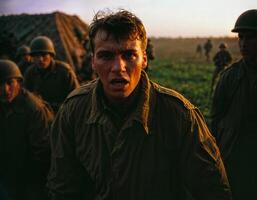 ai genererad Foto av intensiv soldat man i armén utrusta i allvarlig farlig krig, generativ ai