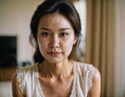 ai genererad Foto av skön asiatisk kvinna som en fru med nyfiken ansikte känsla på inuti henne hus, generativ ai