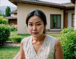 ai genererad Foto av skön asiatisk kvinna som en fru med nyfiken ansikte känsla stående i främre av henne hus, generativ ai