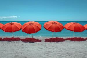 ai genererad en röd paraply på en folktom strand mot de bakgrund av de hav foto
