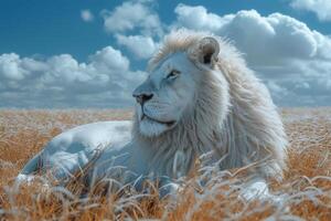 ai genererad porträtt av en vit lejon i en fält i sommar foto