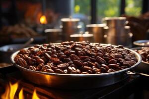 ai genererad rostad kaffe bönor närbild i maträtter . colombianska kaffe foto