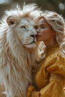 ai genererad skön modern ung kvinna med en skön stor lejon foto