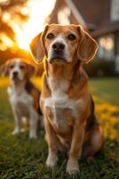 ai genererad porträtt av en beagle hund i sommar på en grön gräsmatta foto