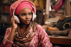 ai genererad porträtt av en eleganta afrikansk flicka med hörlurar lyssnande till musik inomhus foto