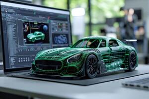 ai genererad en mock-up av en modern sporter bil på de bakgrund av en bil designers bärbar dator foto