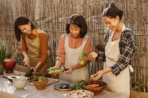 Lycklig sydöst asiatisk familj har roligt framställning thai mat recept tillsammans på hus uteplats foto