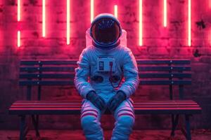 ai genererad ett astronaut i en vit space och hjälm, Sammanträde på de golv i en röd neon ljus foto