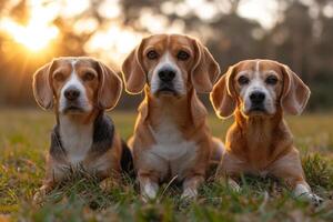 ai genererad porträtt av en beagle hund i sommar på en grön gräsmatta foto