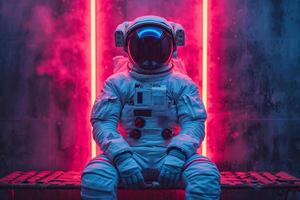 ai genererad ett astronaut i en vit space och hjälm, Sammanträde på de golv i en röd neon ljus foto