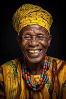 ai genererad porträtt av en rolig afrikansk gammal man med en skägg på en svart bakgrund foto
