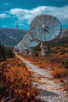 ai genererad en fält med stor satellit antenner. de begrepp av kommunikation med Plats foto