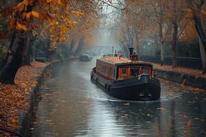 ai genererad ett gammal båt i de stad kanal på de vatten foto