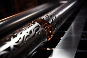 ai genererad färdiga cylindrisk stål produkt på en cnc maskin. laser metall bearbetning foto