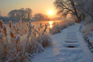 ai genererad naturlig vinter- landskap. en skön vinter- plats i natur foto